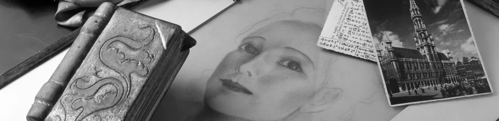 中央に描かれた女性の柔らかな顔のデッサン画を中心に、アンティークな彫刻が施された古い本、手書きのメモ、海外の街並みが写るモノクロの古写真が情緒的に並べられたコラージュ画像