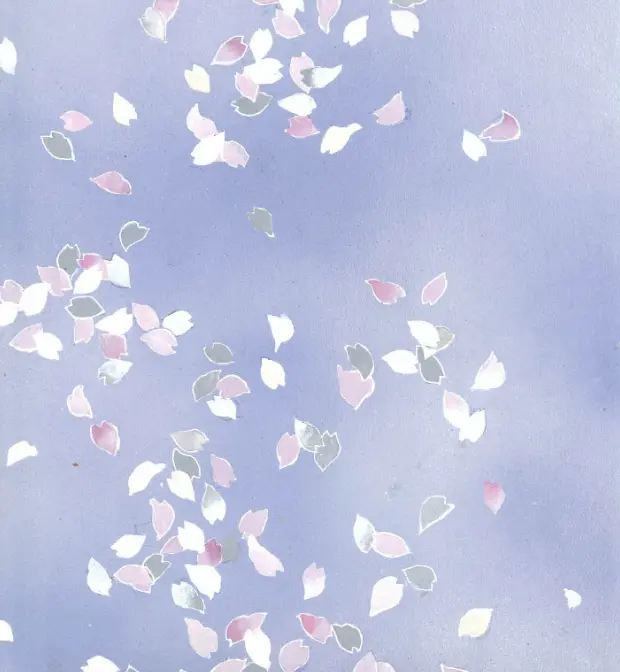 爽やかな淡いブルーの背景に、白、ピンク、グレー、シルバーの細やかな桜の花びらが風に吹かれてひらひらと舞い散る様子を美しく表現した、静謐で情緒あふれる宇野千代デザインのきもの柄テキスタイル